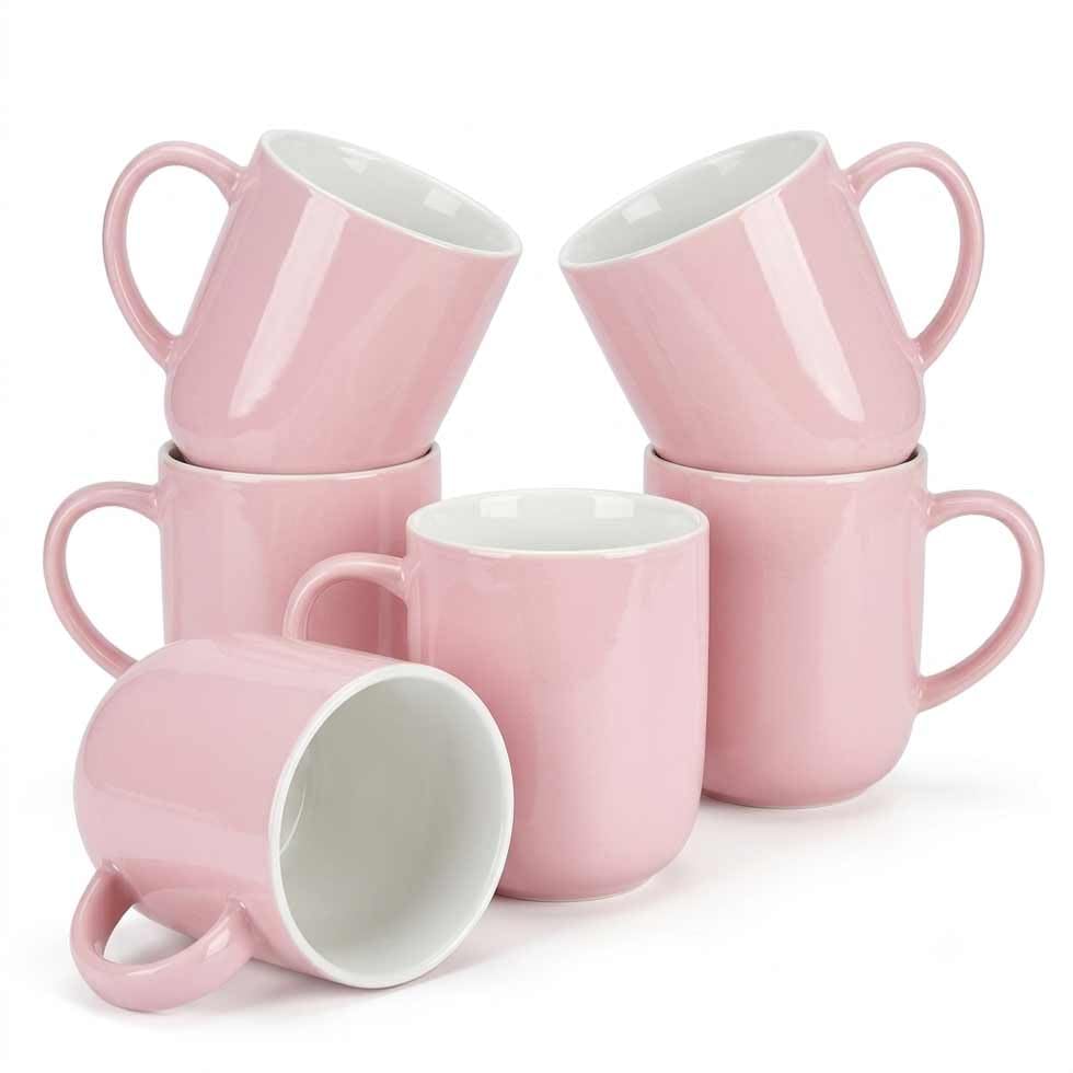 Ceramic Pink Coffee Mug Set of 6, 12 oz Porcelain Tea Cups with Ergonomic Handle, 6-Piece Pastel Pink Glaze Mugs for Latte, Cappuccino, Milk & Hot Chocolate, Microwave & Dishwasher Safe12x9x9cm