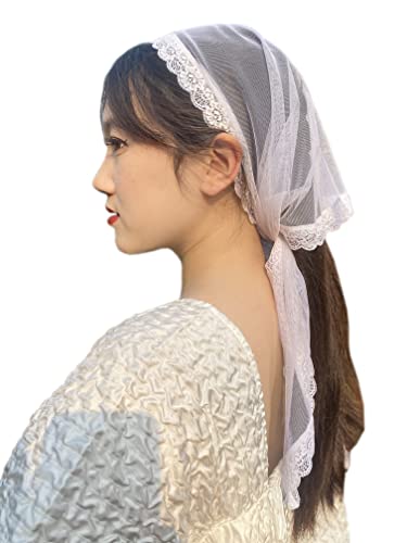 YuRongsxt Triangle Chapel Veil Mantilla Lace Headcovering Catholic Latin Mass M15 (White)