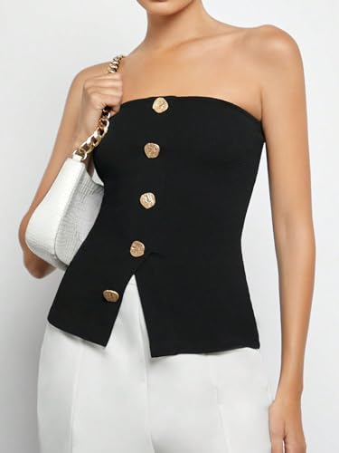Floerns Women's Button Front Sleeveless Strapless Bandeau Split Hem Tube Top3