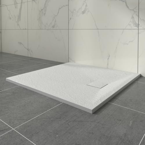 Aquariss Plato de ducha cuadrado blanco de 800 x 800 mm con trampa de residuos, efecto pizarra, base antideslizante, para recintos de baño y salas húmedas