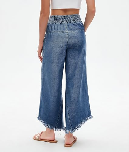 LifeShe Women's Baggy Wide Leg Jeans Elastic Waisted Cropped Denim Pants Loose Boyfriend Raw Hem Jeans3