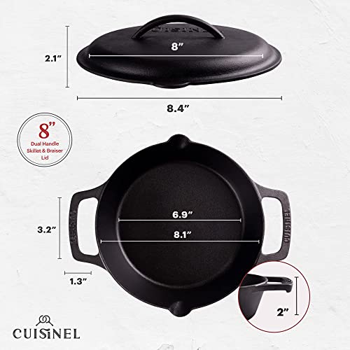 Image of Cuisinel Cast Iron Skillet with Cast Iron Lid - 8 inch-Inch Dual Handle Frying Pan + Pan Scraper + Silicone Handle Cover - Pre-Seasoned Oven Safe Cookware - Indoor /Outdoor, Grill, Stovetop, Induction Safe
