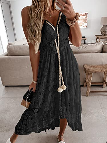 Image of CUPSHE Womens Lace Summer Maxi Dresses 2026 Beach Wear | V Neck Spaghetti Straps Sundress, Tassel, Boho Pom Poms, Flowy Vacation Outfits, Resort Wear, Graduation Wedding Guest Looks
