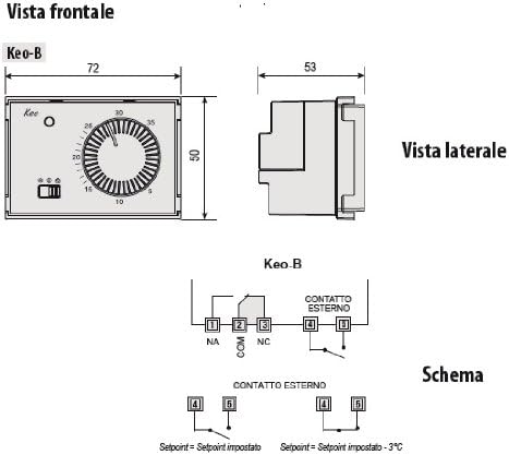 VEMER KEO-B Thermostat Wiring Diagram and Dimensions