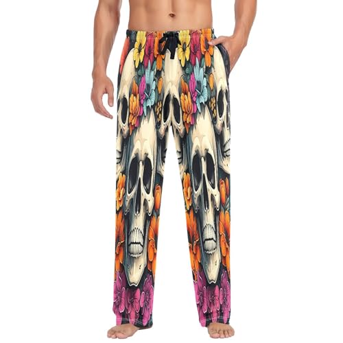 Qilmy Flowers And Plants Skull Men's Cotton Pajama Pants, Lightweight Lounge Sleepwear with Drawstring and Pocket