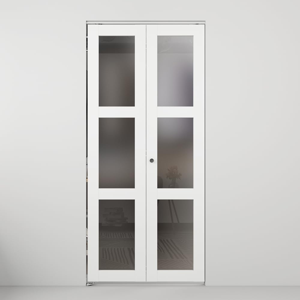 24 in. x 80 in. 3 Lite Frosted Glass White Composite Bi-Fold Door with Hardware Kit and Door Handle