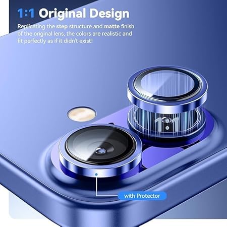 Image of for iphone 16 /16 Plus camera lens protector Tempered Glass Aluminum Alloy Ring with Camera Cover (Blue)