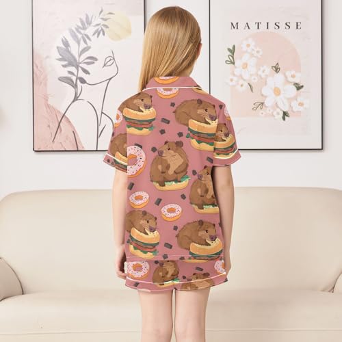 ALAZA Cute Capybaras Hamburger Pajamas Satin Pajama Set Short Sleeve Button Down Sleepwear4