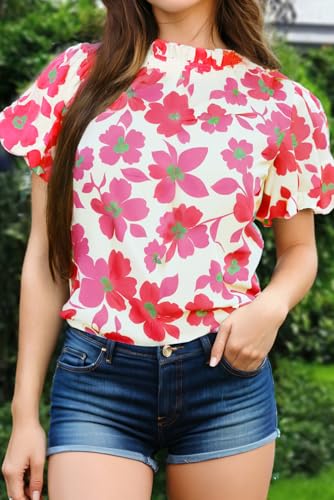 Elegant Women's Pink Frilled Neck Floral Blouse with Short Puff Sleeves2