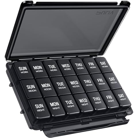 PULIV Pill Organizer 3 Times a Day, Pill Box 7 Day with Moisture-Against Design, Black Weekly Pill Case for Light-Proof & Privacy Protection, Large Pill Container for Fish Oils, Vitamins, Supplements Cover