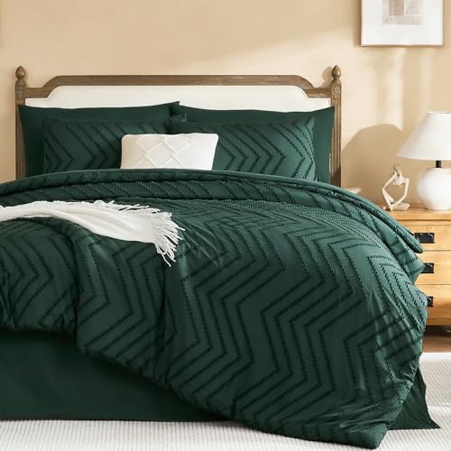 Litanika Comforters Queen Size Set with Sheets Dark Emerald Green - 7 Pieces Bed in a Bag Queen Chevron Tufted Complete Beddding Sets with Comforter, Sheets, Pillowcases & Shams