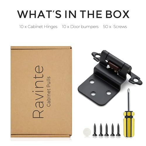 Image of Ravinte 10 Pack 5 Pairs 3 /8 inch Inset Kitchen Cabinet Door Hinges Black Semi-Concealed Face Mount Cabinet Hardware Self-Closing Hinges with Door Bumpers&Screwdriver