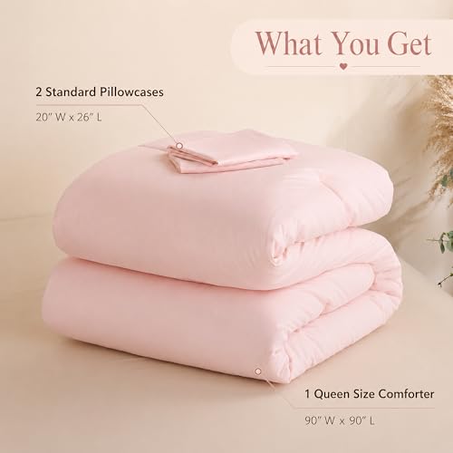 Image of weigelia Super-Soft Micorfiber Comforter Set - Queen Size Blush Pink Lightweight Warmth Comforter for All Season Use, Machine Washable Pink Bedding Set (1 Comforter, 2 Pillowcases)