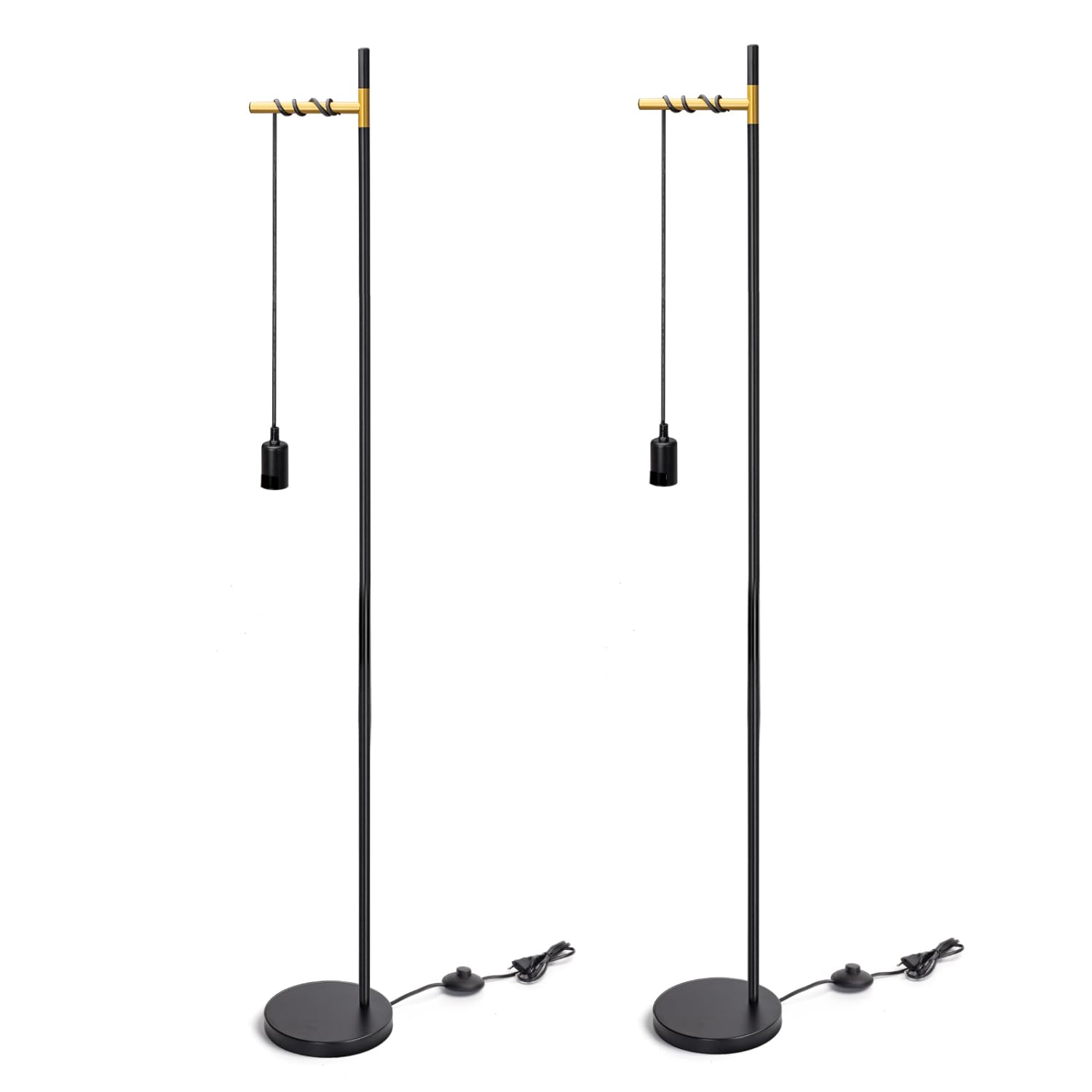 Aigostar lámpara de pie retro E27, lámpara de pie de metal para salón(sin bombilla), Lámpara de pie colgante con cable de 180cm y interruptor de pie, en color negro/dorado, 2pcs