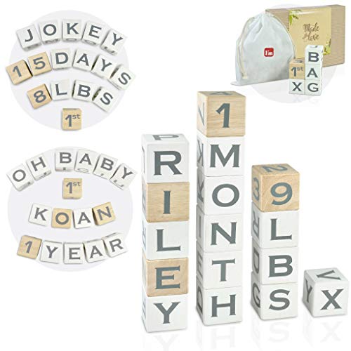 I'm Solid Wood Baby ABC Alphabet Milestone Age Blocks, Personalized Own Name, Gender Neutral, Newborn Gifts &amp; Keepsakes for Picture Props (1.9" / 16 Pcs/White)