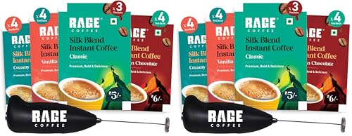 Image of Rage Coffee - Silk Blend Assorted Sachets & Frother Coffee Kit Combo (15 X 1.5 Gram Sachets) | 3 Classic, 4 Creamy Hazelnut, 4 Vanilla Velvet & 4 Belgian Chocolate Flavours & Beater)| (Pack of 2)