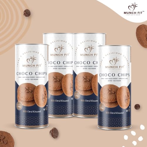 Image of Munch Fit Millet Choco Chip Cookies, Egg Less Cookies Made with Desi Khand 125gm Pack of 4 | Healthy, Tasty & Crunchy Jowar Choco Chip for Kids & Adults | Protein Rich No Maida, No Added Sugar