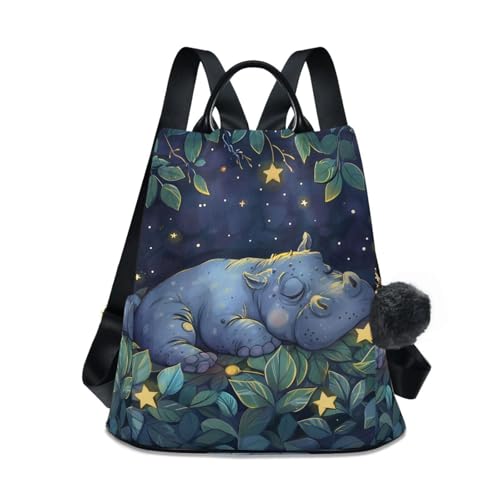 Hippopotamus Stars Leaves Backpack for Women Anti Theft Large Fashion Travel Shoulder Bag Purse Rucksack Lightweight