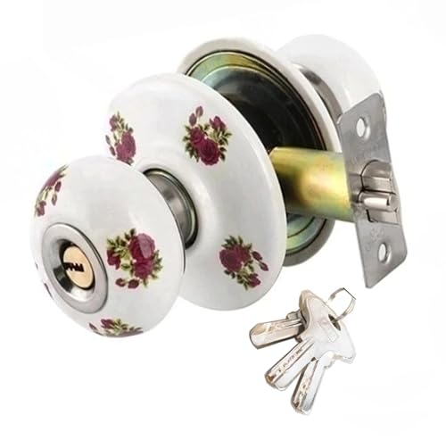 WANLIAN Porcelain Door Knobs Set,Classic Rose Pattern Round Ceramic Door Knob,White Ball Cermic Door Handles Lock, Privacy Door Lock with Lock and Keys,for Bedroom,Kitchen,Bathroom or Office