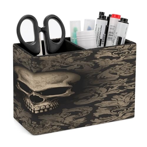 DJUETRUI Gothic Skull Leather Pen Holder Desk Organizer