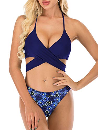 Image of Women's Two Piece Swimsuits Athletic Halter Sporty Swimming Swimwear Triangle Sexy Bathing Suits for Women Blue Floral XL