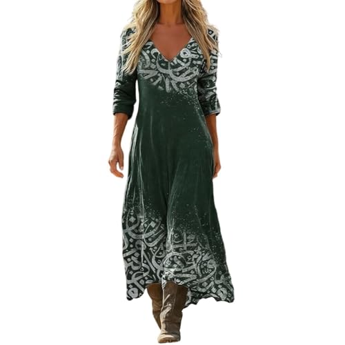 Vestidos Verano Mujer Vestido de Muselina, Cuello en V, Mangas 3/4, túnica Bohemia de Verano, Vestido de Playa, Corte en A, Suave, Informal, Colorido, Festivo, con Bolsillos. (Dark Green, L)