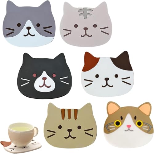 LZZEM LZZEM 6PCS Cute Cat Silicone Coasters for Drinks Reusable Non-Slip Heat Resistant Cup Coasters Washable Mug Coaster Set for Coffee Table Desk Home and Office