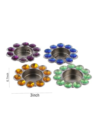 Image of CraftVatika Colorful Crystal Tealight Candle Holder Set of 4 | Home Decor, Diwali Decoration Items, Festive Decor, Pooja & Gifting | Multicolor Metal Tlight Holders for Home Pooja Decoration Items