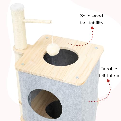 Image of Nara Cat Tower with Scratching Post - Dual-Level Cat House Condo with Felt Hideouts, Sisal Scratch Pole & Hanging Toy - Minimalist Cat Tree for Indoor Cats