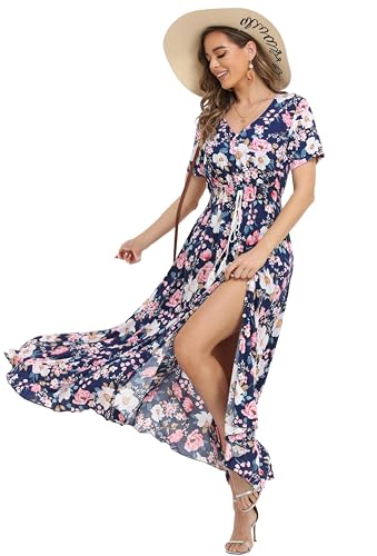 Image of VintageClothing Women's Floral Maxi Dresses Boho Button Up Split Summer Casual Long Dress Beach Party Dress