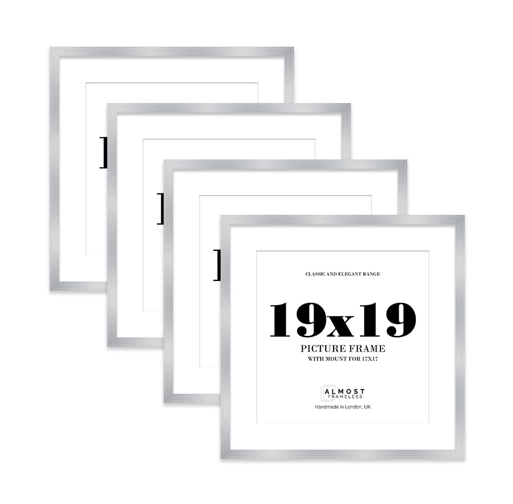 19x19 Silver Picture Frame with Mount for 17x17 Photos, Prints - Modern Square Wall Frame, Set of 4