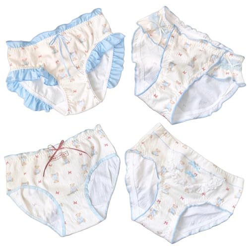 Cute Bow Bear Panties for Teen Girls Age 14-18 Kawaii Anime Cartoon Ruffled Trim Briefs Cotton Underwear 4 Pack