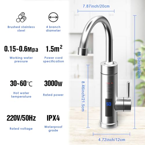 Elektrischer Wasserhahn für Durchlauferhitzer aus Edelstahl, Wasserhahn warm und kalt, 3000 W, Thermometer ohne LED, Warmwasserhahn für Küchenspüle, 360 ° drehbarer Wasserhahn