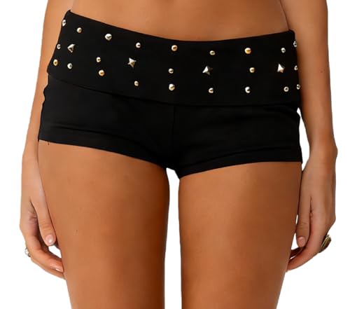Women Studded Fold Over Shorts Y2k Low Waist Rivet Micro Shorts Slim Fit Boyshorts Goth Rave Mini Bottoms (Black S)