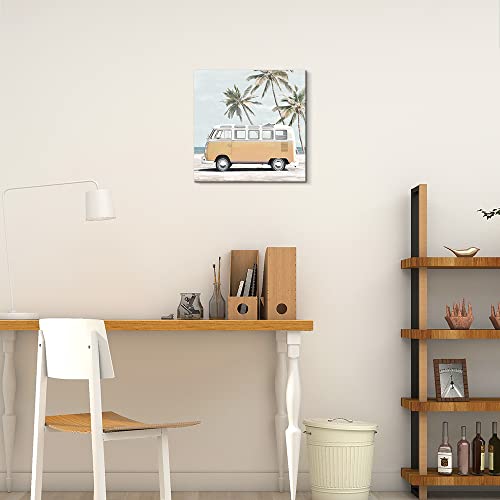 Ocean Beach Theme Wall Art Decor Coastal Tropical Palm Trees Cute Vintage Van Canvas Prints Poster For Living Room Bedroom Bathroom Decoration (12" X 12", Orange Van) #TOP3