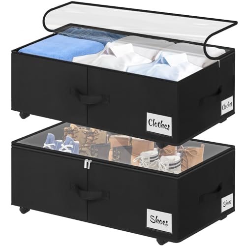 Under Bed Storage with Wheels, 2-Pack 10' Height XXL 60L Rolling Storage Bins, Quick Assembly Underbed Shoe Storage Containers with Clear Lid & Label, Dorm Under bed Drawers for Clothes, Shoes, Black