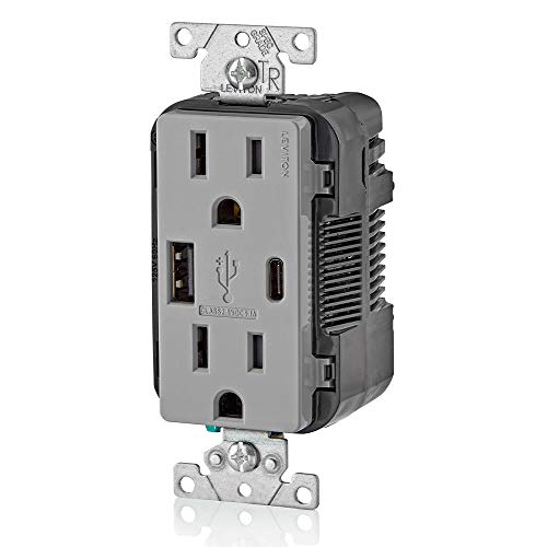 Leviton T5633-Gy 15-Amp Type A & Type-C Usb Charger/Tamper Resistant Outlet, Not For Laptops, Gray #TOP1