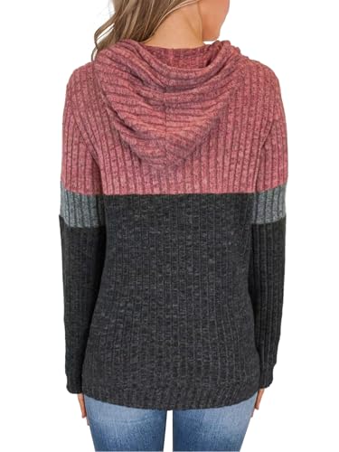 MixShe Women’s Color Block Knit Hoodie – Casual Long Sleeve Pullover Sweater Tops with Pocket