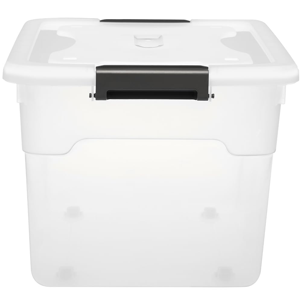BAKAJI Set 4 Contenitori con Coperchio per Vesiti in Plastica con Ruote, Portaoggetti Impilabile per Stoccaggio Vestiti, Scatole per armadio, Giocattoli, Libri, Salvaspazio (4 x 60 Lt Alto)