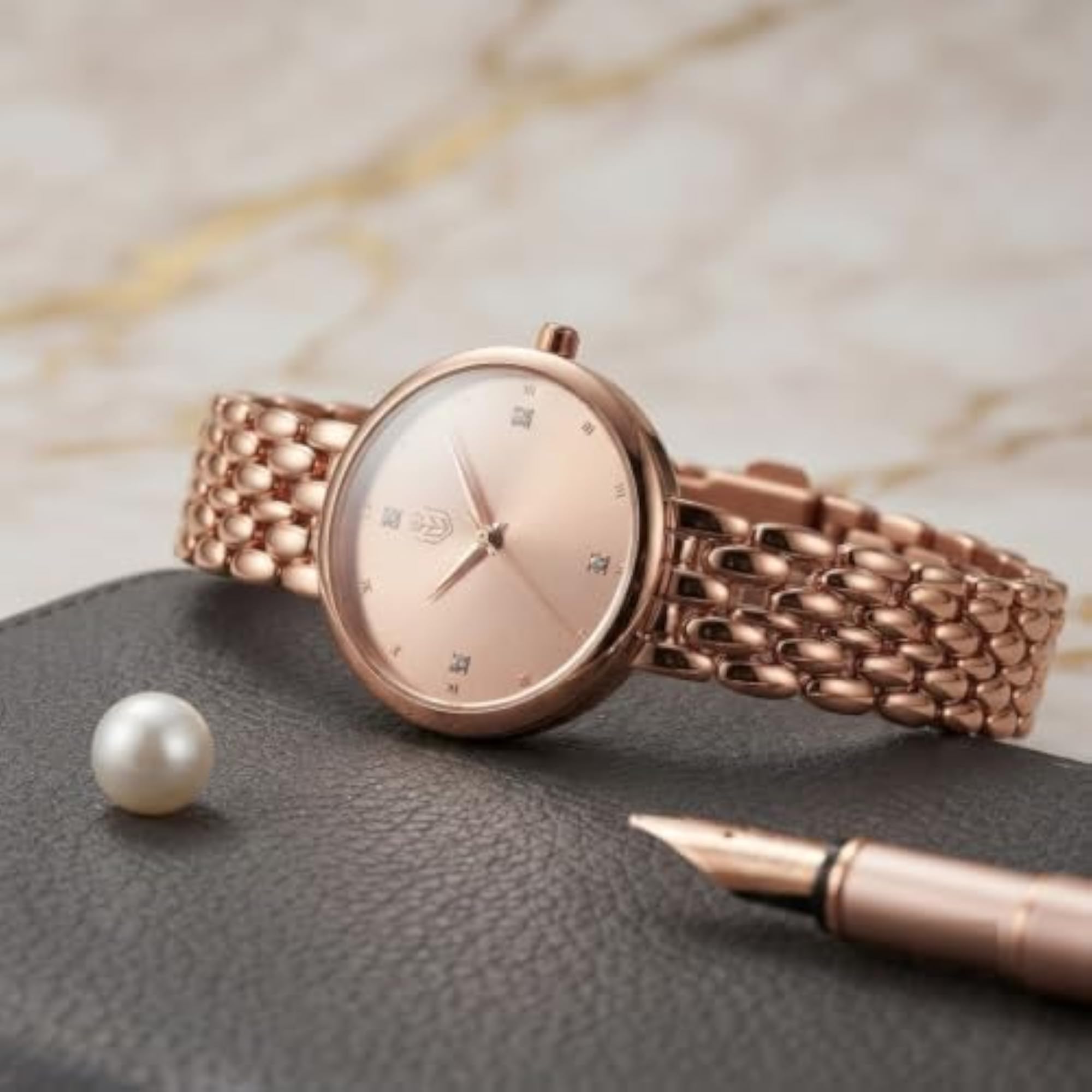 Women's Rose Gold Analog Watch, Elegant Metal Strap
