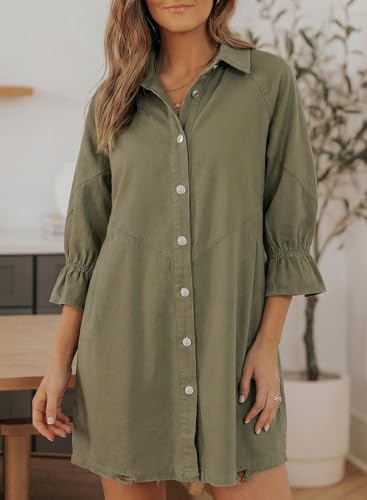 Image of Sidefeel Womens Smocked 3 4 Sleeve Button Down Denim Jeans Dresses