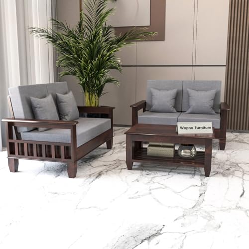 Image of Sheesham Wooden 4 Seater Sofa Set for Living Room | Rosewood Cushion Sofa with Side Newspaper Holder for Home & Office | Solid Wood Sofa Set for Lounge (Walnut, 2+2 Seater)