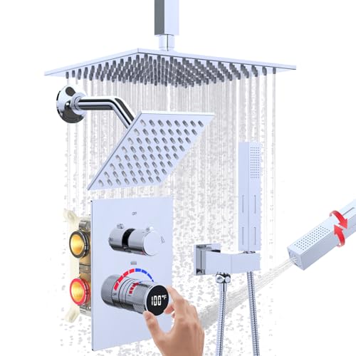 Sistema de Ducha Digital con Pantalla, Doble Cabezal Cuadrado de 10 y 6 Pulgadas, Spray Manual a Alta Presión, Válvula de Latón con Pantalla Hidráulica, Acabado Cromado Pulido miniatura 1
