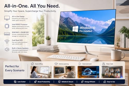 Image of 23.8 inch All-in-One Desktop Computer, 1080P IPS Full HD Business AIO PC, Intel Celeron N5095, 8GB RAM + 128GB SSD, Windows 10, Dual Band WiFi, HDMI, for Home Office & School Use