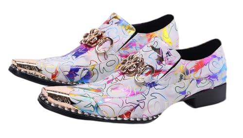 Santimon Mens Genuine Leather Dress Loafers Formal Business Snaffle Floral Bit Comfortable Metallic Cap Slip On Party Shoes