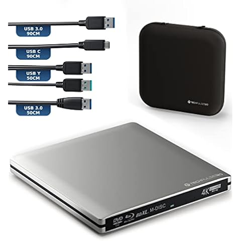 techPulse120 Externes UltraHD UHD 4k 3D M-DISC BDXL HDR10 100GB USB 3.0 & USB-C Laufwerk Bluray Brenner Burner Superdrive UltraSlim BD DVD CD Ultra Paket Tasche 90cm Anschlusskabel Aluminium Silber Cover