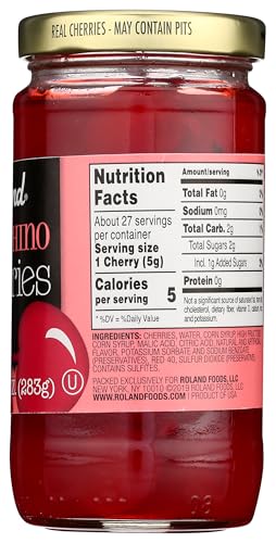 Roland Premium Maraschino Cherries With Stems, 10 Ounce Jar, Pack of 1