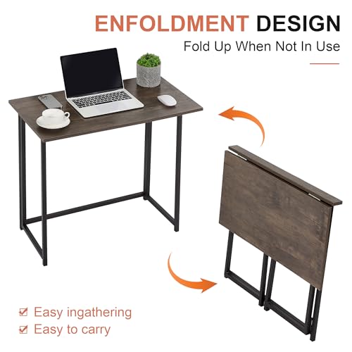 Image of VECELO Folding Desk 31.5 Inch Writing Desk Home Office Sturdy Steel Laptop Table for Home Office Work Classic Brown