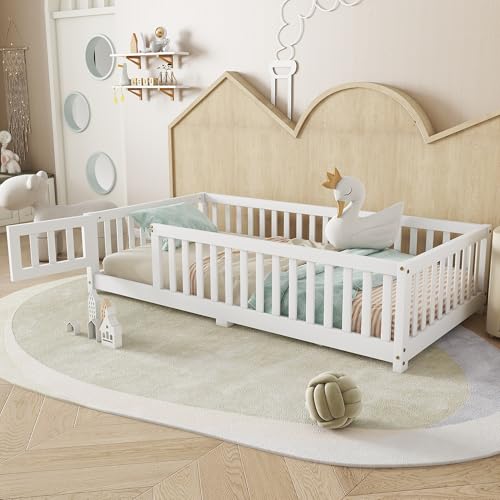 Bellemave Twin Size Montessori Floor Bed with Slats, Twin Size Floor Bed with Door and Fence, Easy...