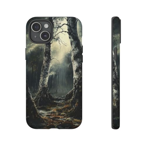 Coque iPhone 15 Plus rigide mate noir forêt moody haut de gamme